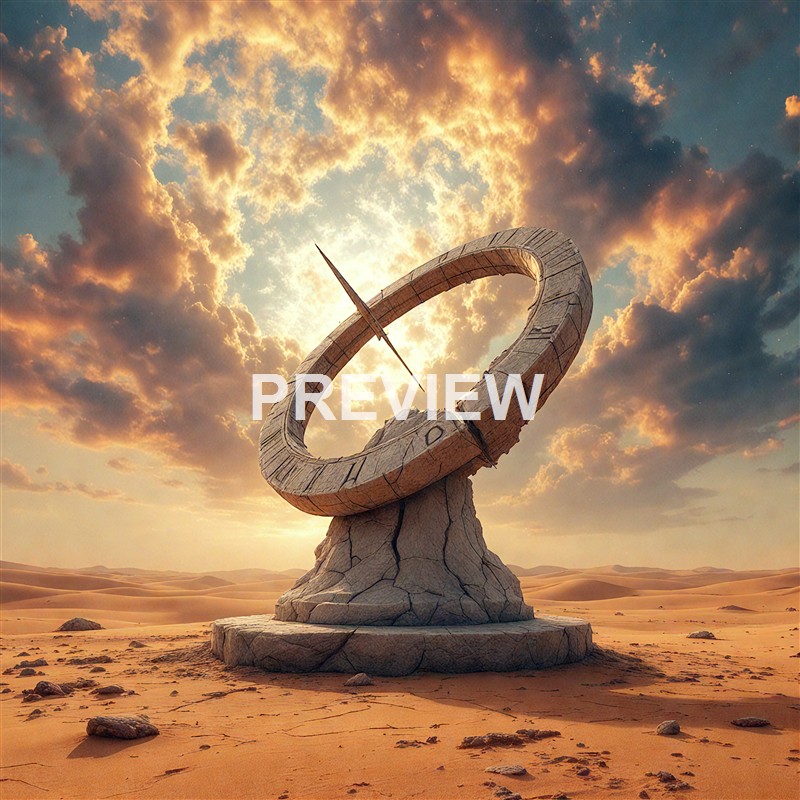 A large, cracked stone sundial with a metal gnomon standing in a vast desert landscape under a dramatic, cloudy sky with the sun setting or rising behind it.